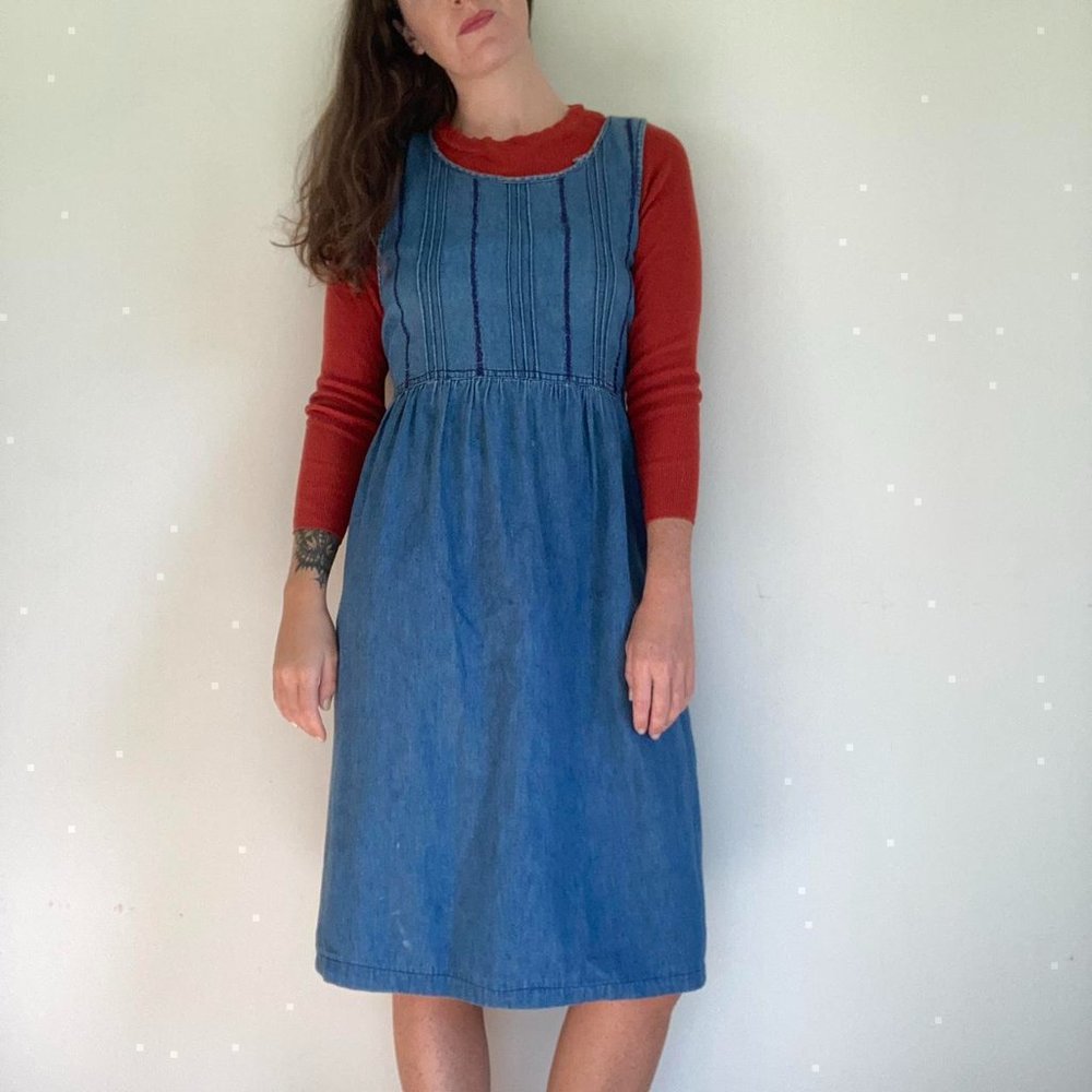 True vintage denim midi dress with embroidered bodice